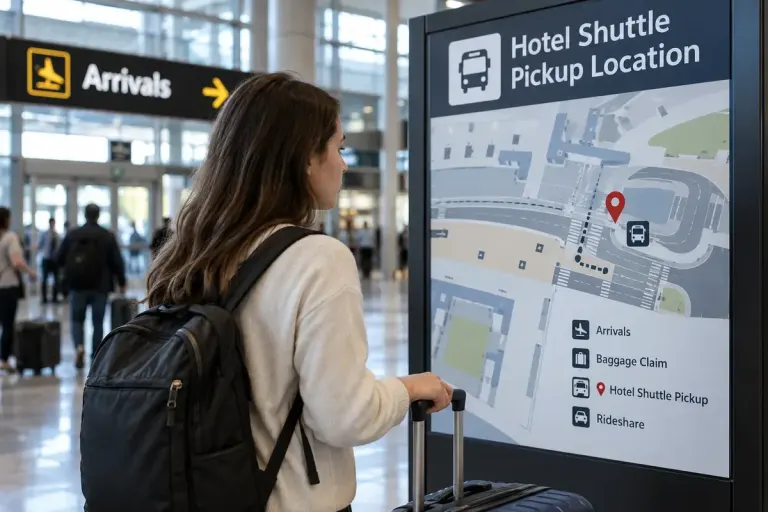 A traveller checking a shuttle pickup map with luggage at an airport arrivals hall.