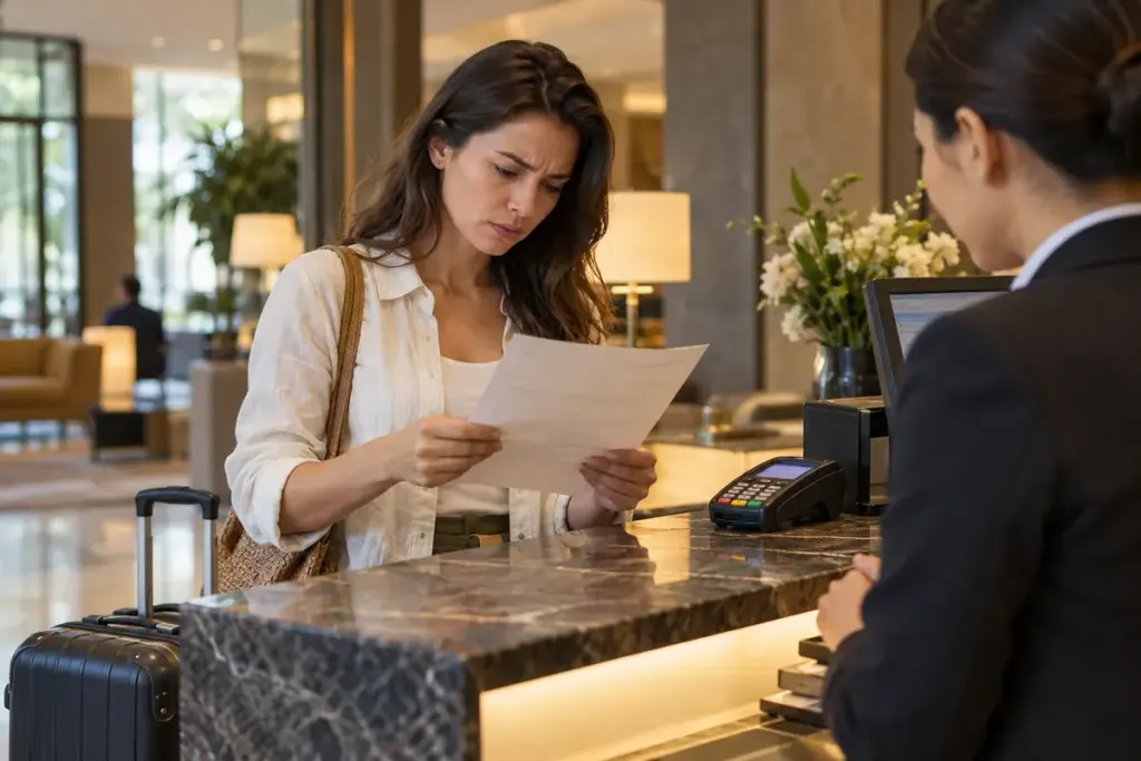 A traveller reviewing an hotel folio at reception, payment terminal and luggage nearby.