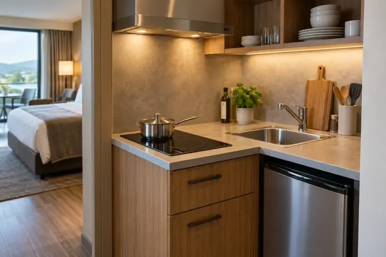 Compact hotel kitchenette with two hob rings, a small sink, saucepan and modest refrigerator.