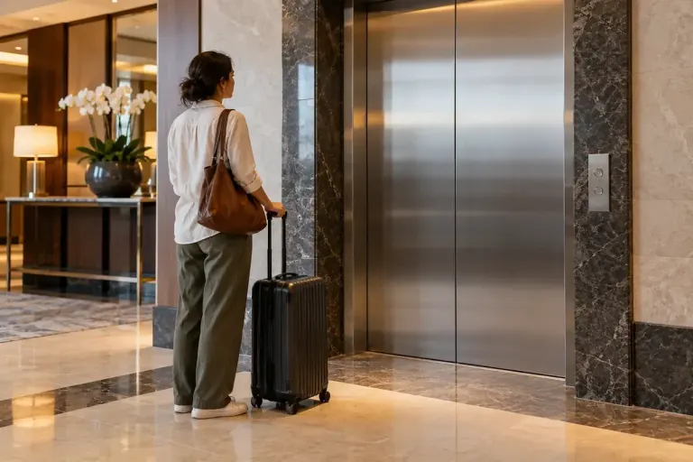 A traveller beside luggage looking at a closed hotel lift.