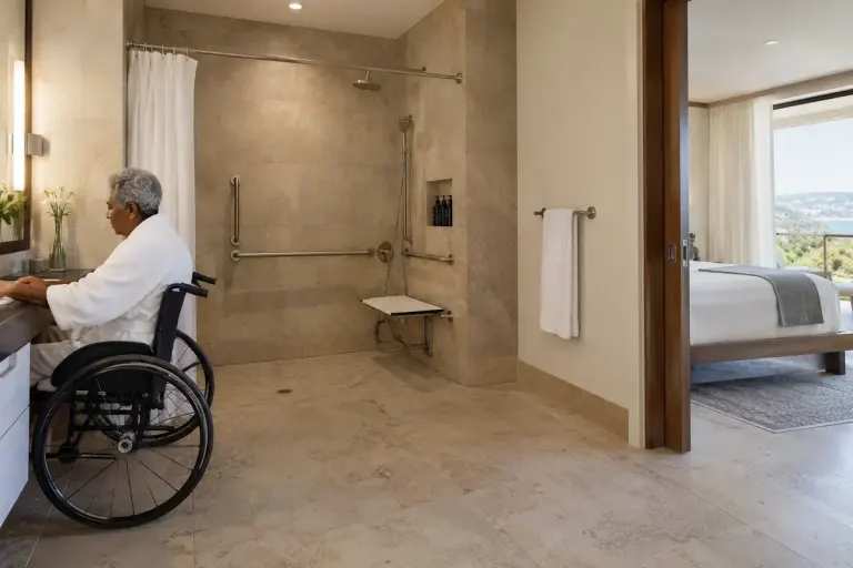 A spacious hotel bathroom with a roll in shower grab rails and a clear doorway.