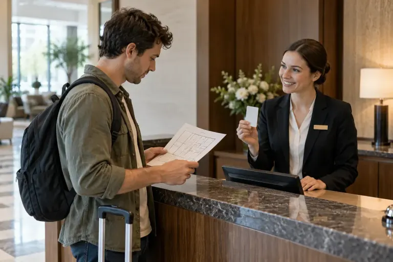 A traveller checking a room layout note while a hotel receptionist shows an unbranded key card.
