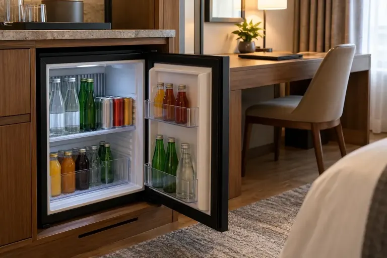 A stocked minibar with its door open in a hotel room.