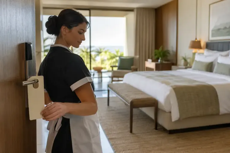 A neat hotel room with a housekeeping request card near the door.