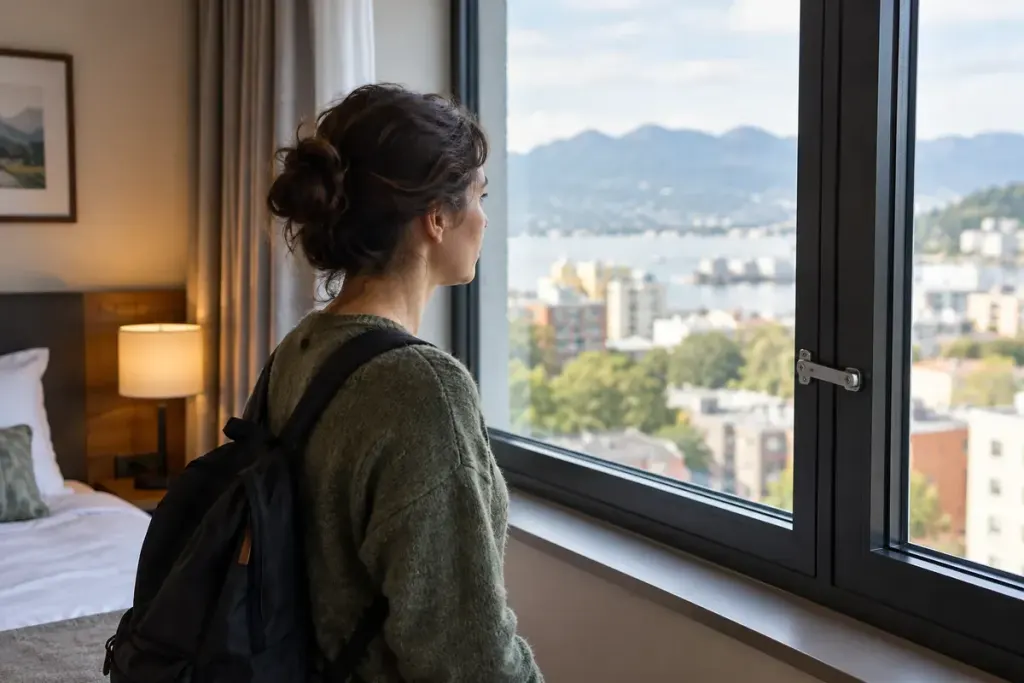 A traveller looking at a closed modern hotel window with a small visible opening restrictor, no person touching the restrictor.
