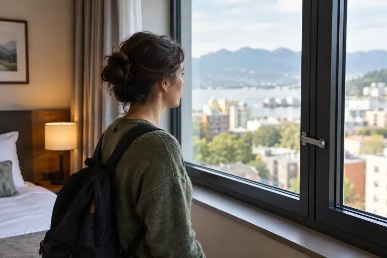 A traveller looking at a closed modern hotel window with a small visible opening restrictor, no person touching the restrictor.