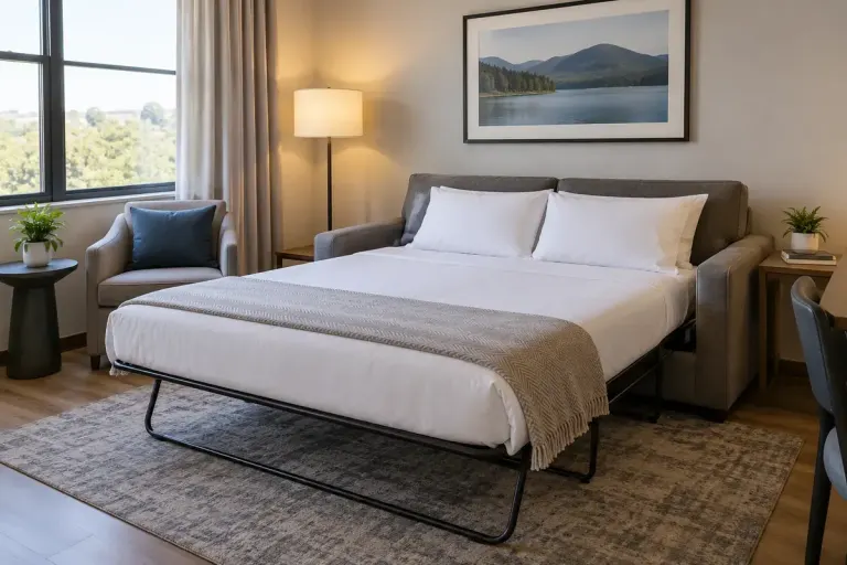 A hotel sofa bed opened with fresh linen and clear walkway, modest realistic guest room.