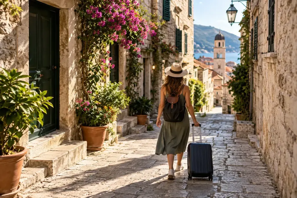 A traveller with a small rolling suitcase walking along a sunlit pedestrian stone lane in a Mediterranean old town.