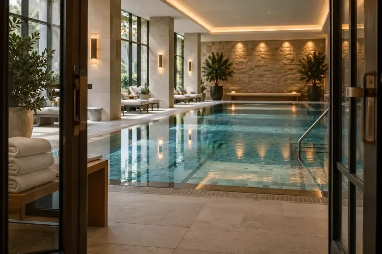 An empty indoor hotel pool seen through its entrance, folded towels nearby.