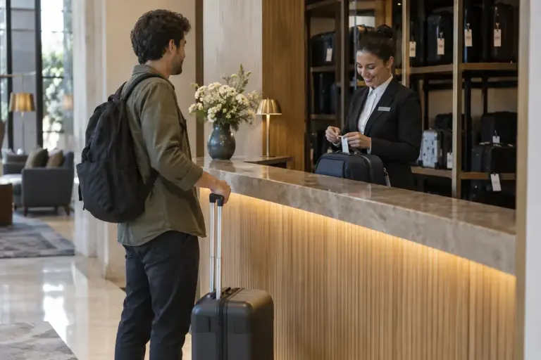 A traveller standing with a small suitcase at a staffed hotel luggage storage counter.