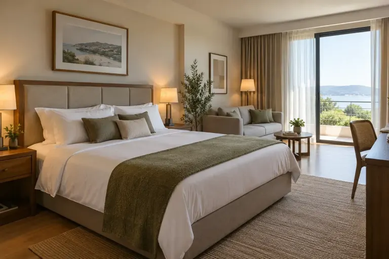 Hotel room with double bed and small sofa.
