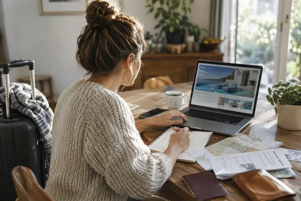 A traveller comparing accommodation details on a laptop beside a suitcase and handwritten notes.