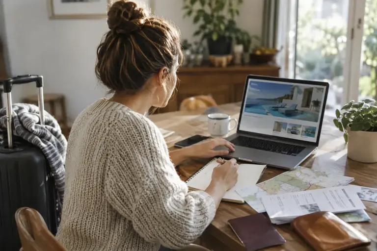 A traveller comparing accommodation details on a laptop beside a suitcase and handwritten notes.