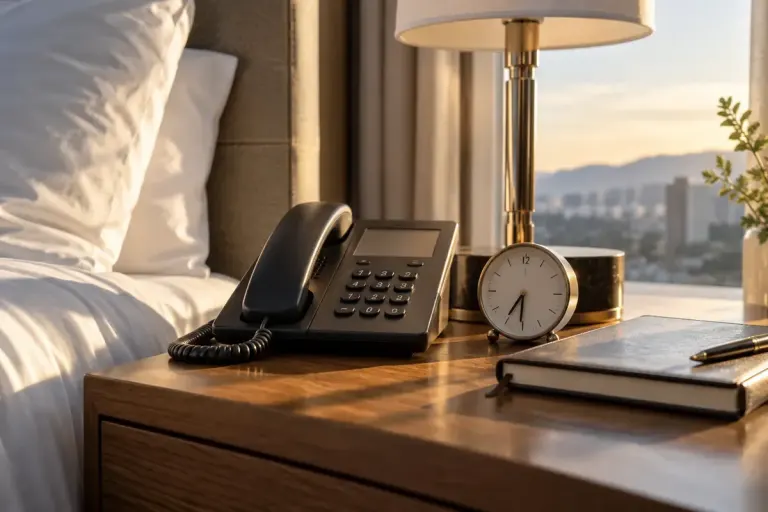A hotel bedside telephone beside a small travel alarm and closed notebook in early morning light.