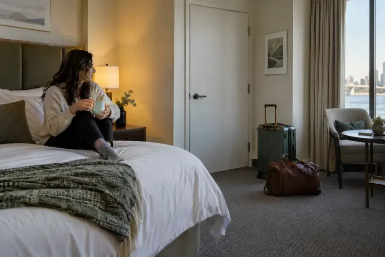 A hotel room with a closed internal connecting door and two travel bags.