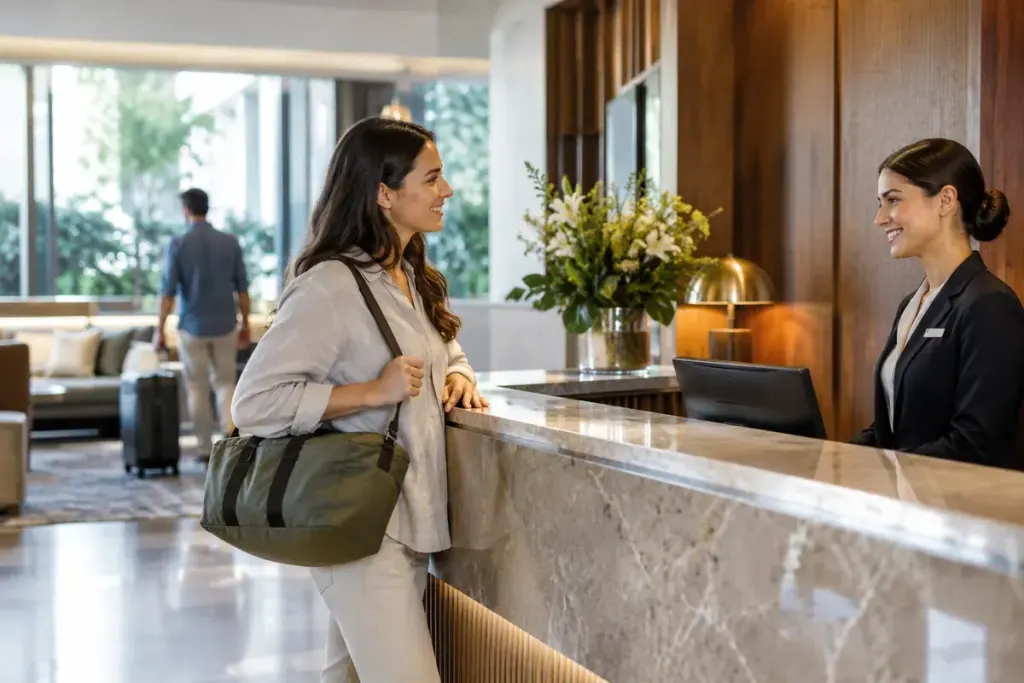 A traveller with a small bag at a hotel reception desk in daylight.