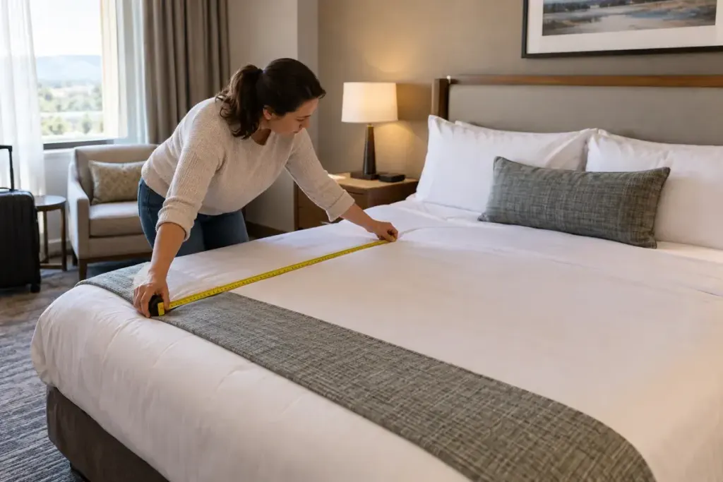 A traveller checking the dimensions of a hotel bed with a tape measure in a tidy room.