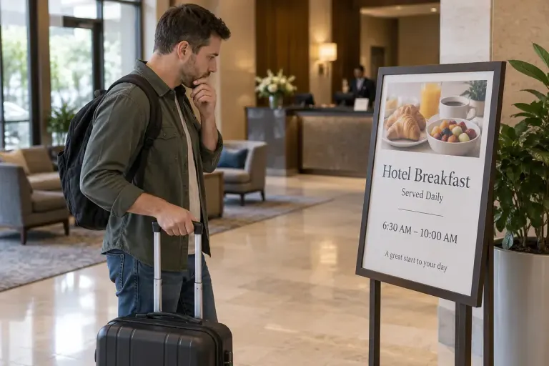 A traveller reviewing a hotel breakfast notice beside a small travel bag in a lobby.