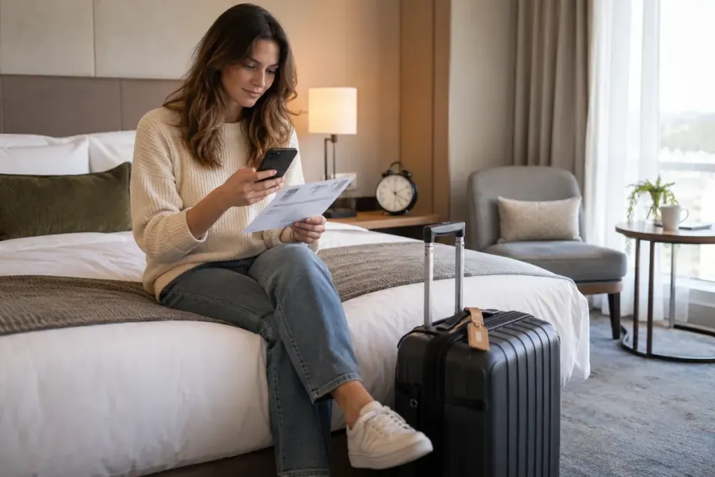 Traveller checking a booking confirmation beside a suitcase and an analogue clock in a tidy hotel room.