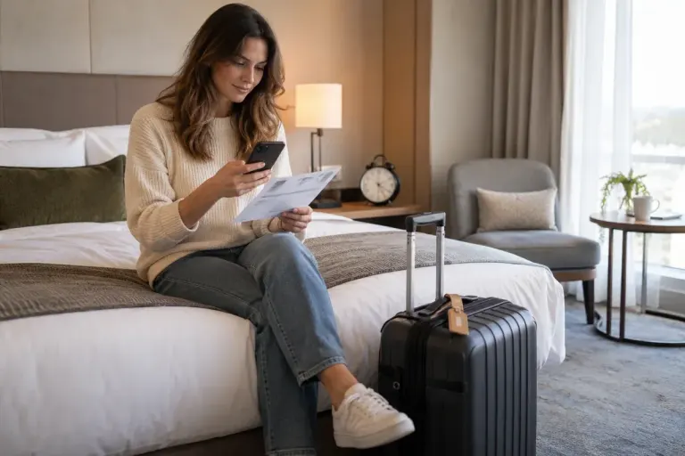 Traveller checking a booking confirmation beside a suitcase and an analogue clock in a tidy hotel room.