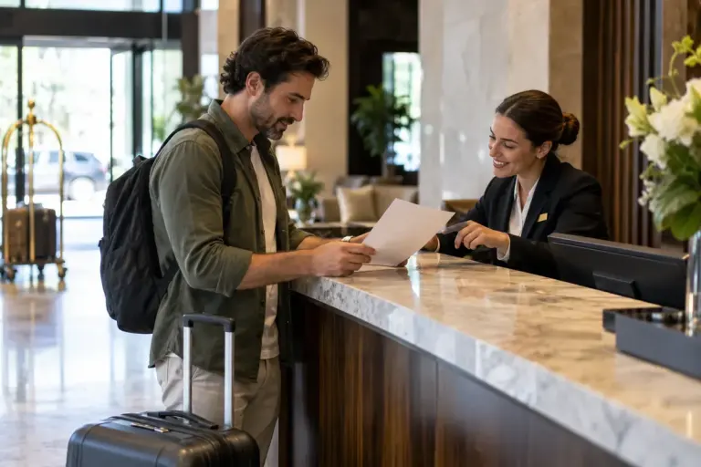 Traveller checking a printed hotel invoice at a reception desk before departure.