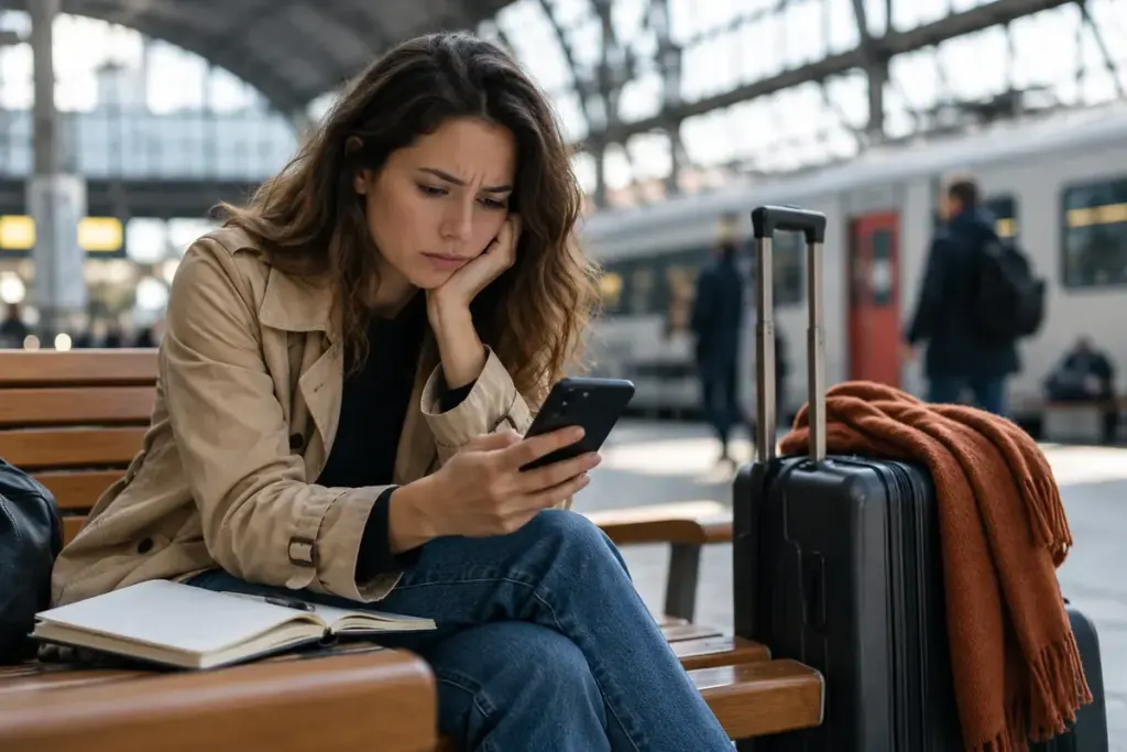 A traveller checking a delayed journey on a phone with a hotel reservation notebook beside a suitcase.