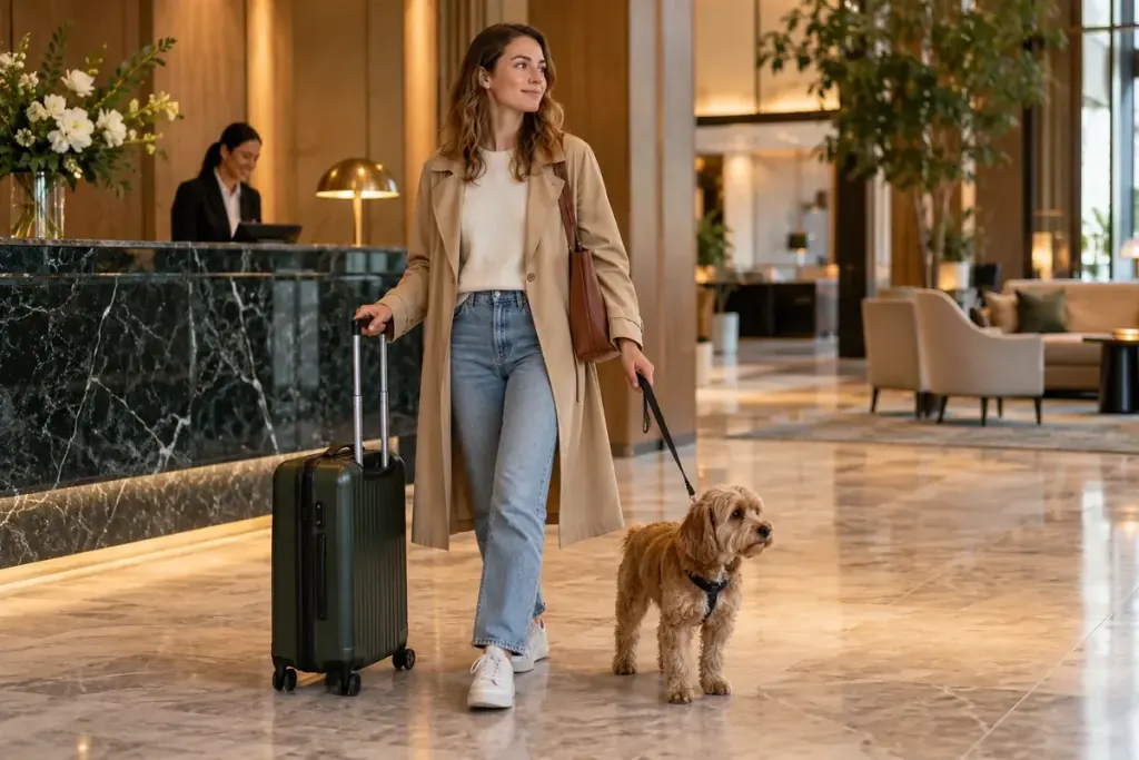 A traveller with a small dog on a lead beside a suitcase in a hotel lobby.