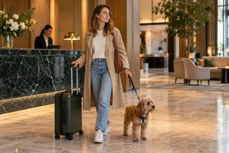 A traveller with a small dog on a lead beside a suitcase in a hotel lobby.