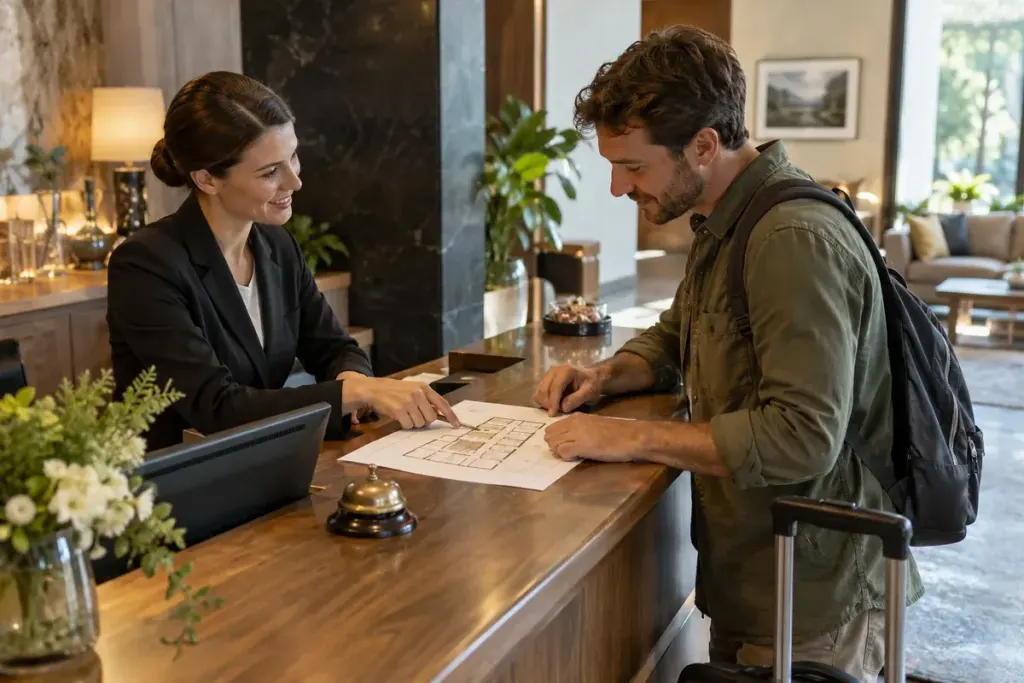 Traveller speaking with hotel receptionist over a simple building floor plan, calm modest hotel lobby.