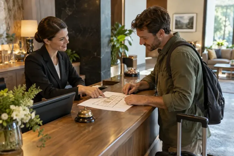 Traveller speaking with hotel receptionist over a simple building floor plan, calm modest hotel lobby.