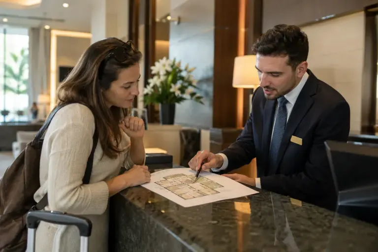 Traveller discussing a hotel floor plan with reception staff.