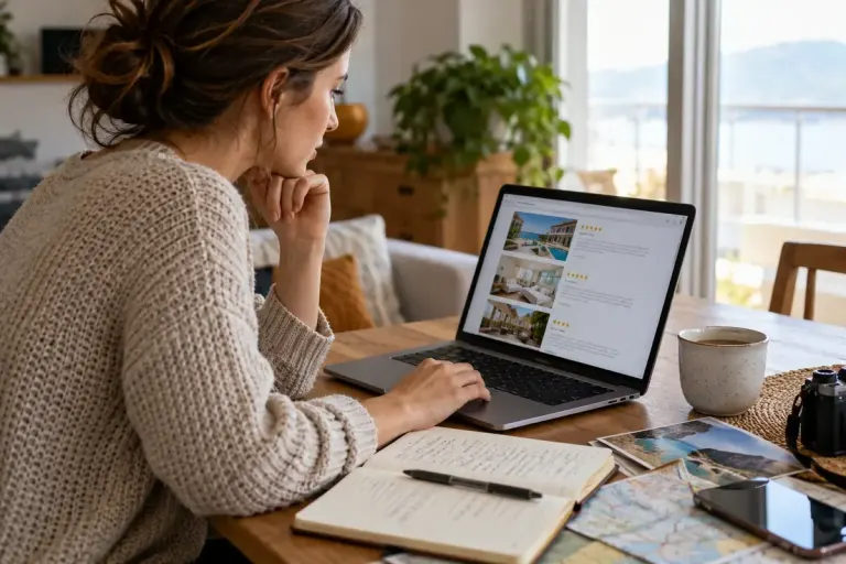 A traveller comparing accommodation descriptions on a laptop with a travel notebook.