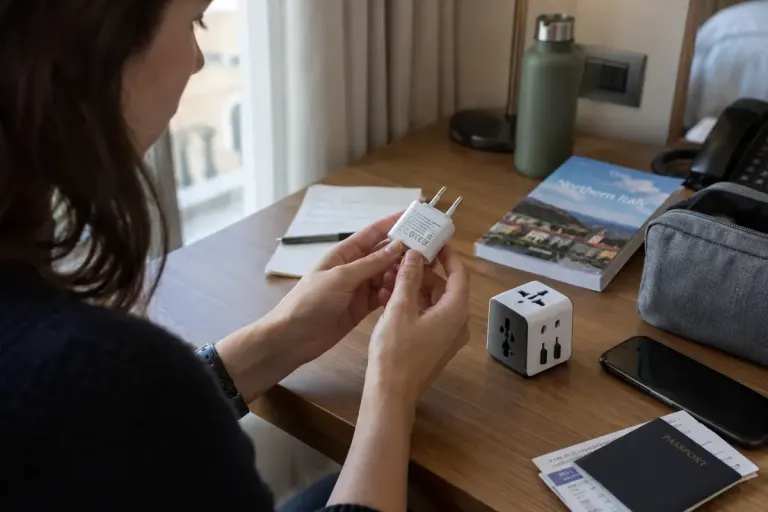 Traveller checking the tiny printed rating on an unplugged charger beside a travel adapter on a hotel desk, no unsafe wiring.