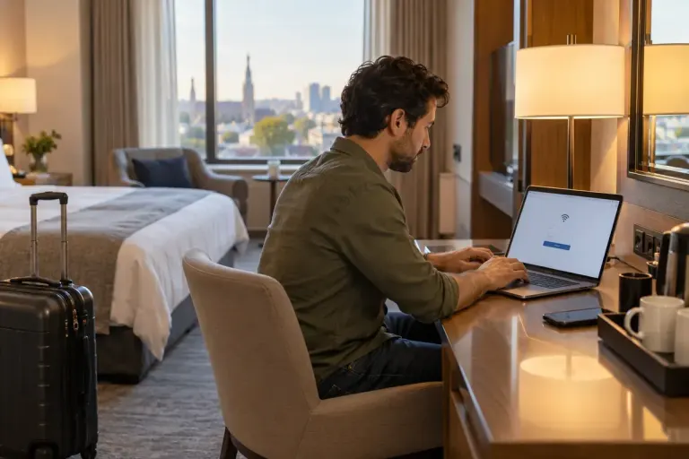 A traveller using a laptop at a hotel desk with a plain connection screen and luggage nearby.