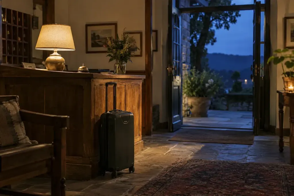 A fictional small hotel reception at dusk with a travel bag beside a warmly lit counter.