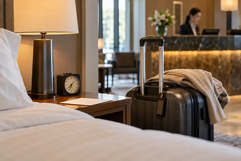 Hotel bedside clock and packed suitcase near reception note.