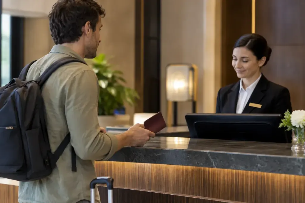 A traveller holding a plain passport cover at a quiet hotel reception desk.