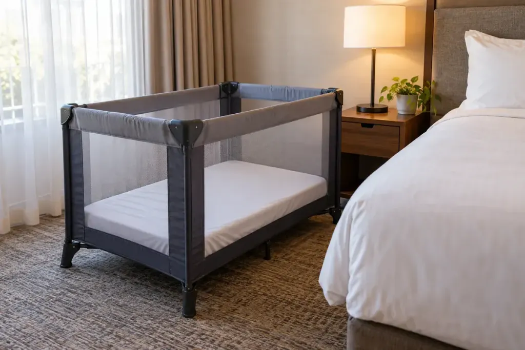 An empty safe hotel travel cot with a firm flat mattress and fitted sheet only, no toys pillows loose blankets or bumpers, beside an adult bed.