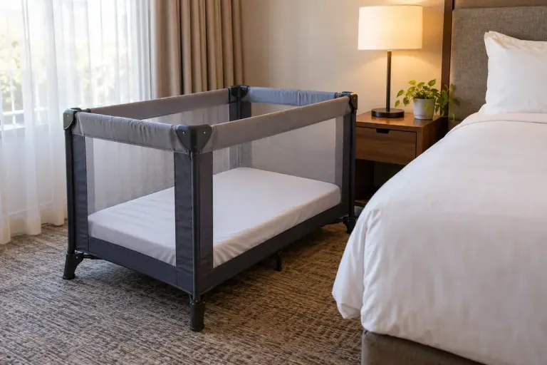 An empty safe hotel travel cot with a firm flat mattress and fitted sheet only, no toys pillows loose blankets or bumpers, beside an adult bed.