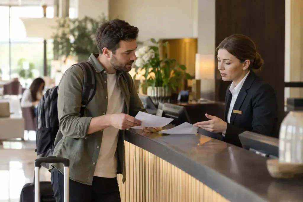 A hotel guest discussing reservation paperwork at reception.
