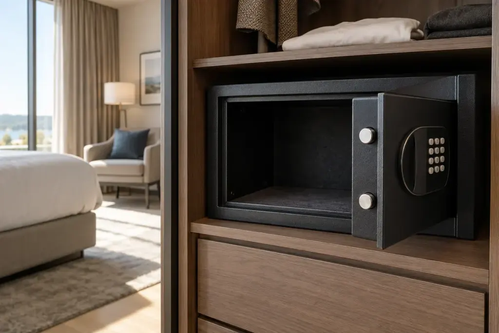 An open empty hotel room safe inside a wardrobe with a generic keypad, clean modern room.