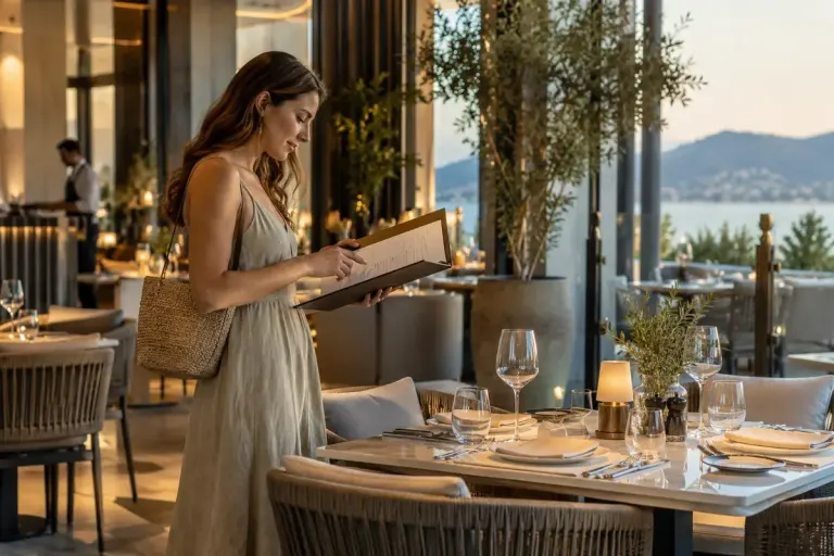 A traveller checking a hotel's dining information beside a neatly set restaurant table.