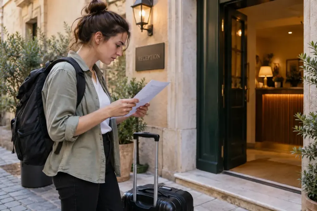 A traveler studying an accommodation confirmation beside a small hotel reception entrance.